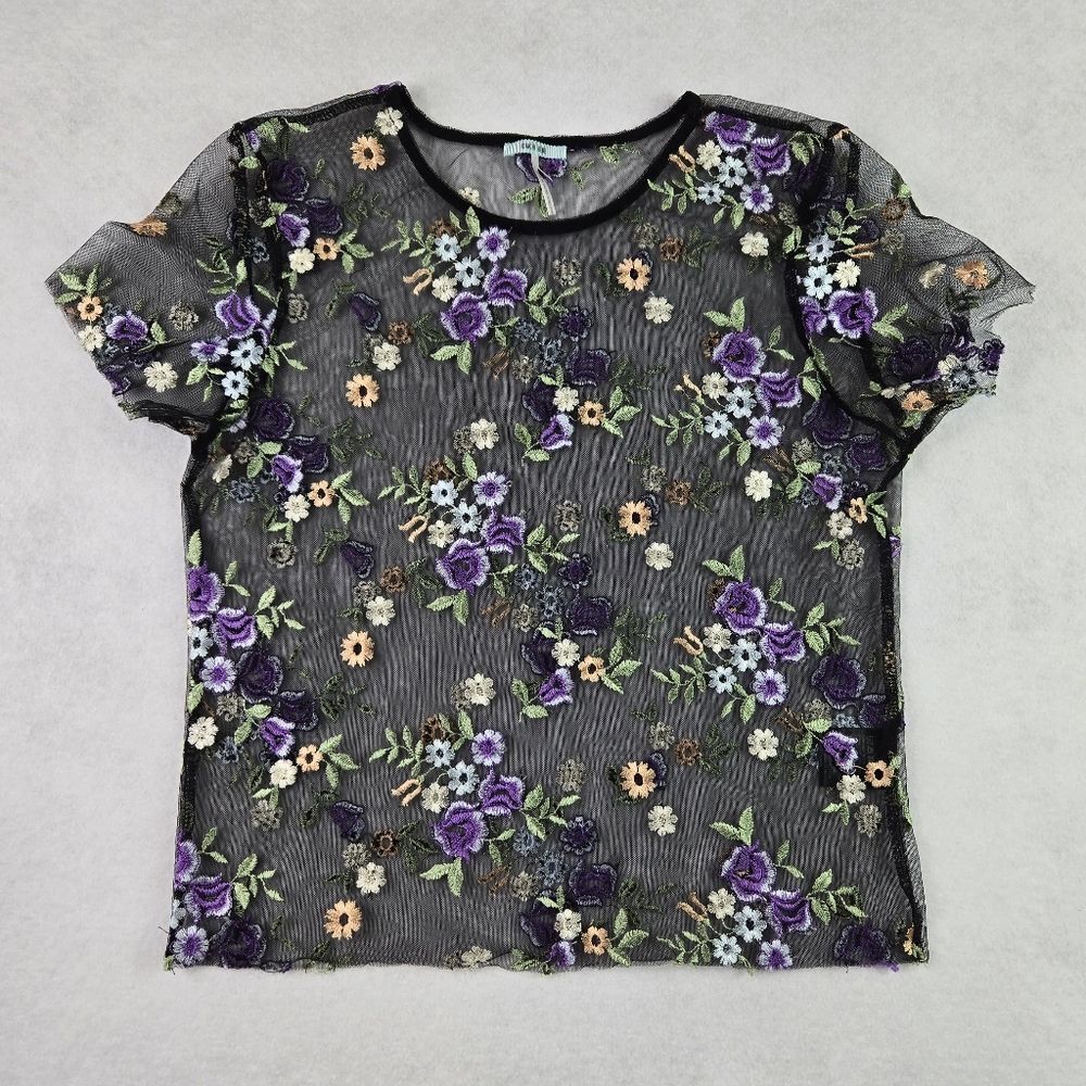 Kimchi Blue Floral Embroidered Black Mesh Top